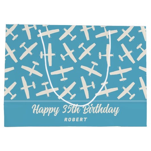 Happy Birthday Vliegtuig Retro Patroon Naam Blauw Groot Cadeauzakje (Achterkant)