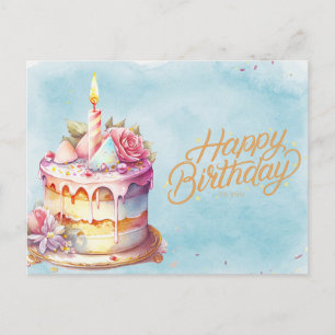 Happy Birthday Watercolor Cake with Flowers  Briefkaart