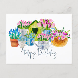 Happy Birthday Watercolor Garden Flowers - Tulips  Briefkaart