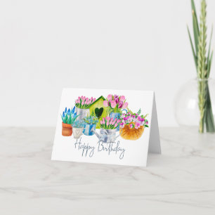 Happy Birthday Watercolor Garden Flowers - Tulips  Kaart
