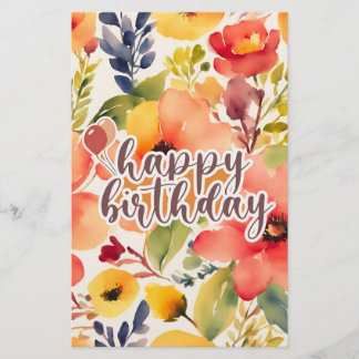 Happy Birthday waterverf Bloemen Stijl Briefpapier