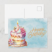 Happy Birthday Waterverf Cake met Flowers Briefkaart (Voorkant / Achterkant)