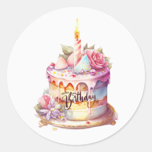 Happy Birthday Waterverf Cake met Flowers Ronde Sticker