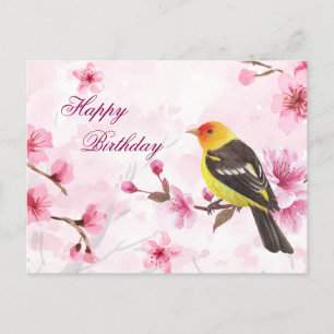Happy Birthday Waterverf Cherry Blossom & Bird Briefkaart