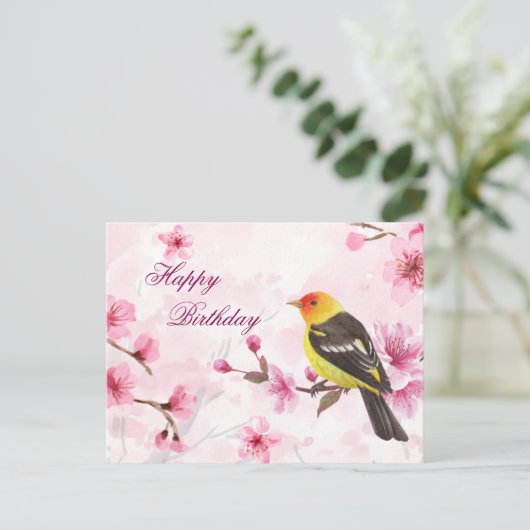 Happy Birthday Waterverf Cherry Blossom & Bird Briefkaart (Staand voorkant)