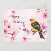 Happy Birthday Waterverf Cherry Blossom & Bird Briefkaart (Voorkant)