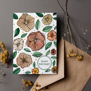 Happy Birthday waterverf en inktbloemen Feestdagenkaart