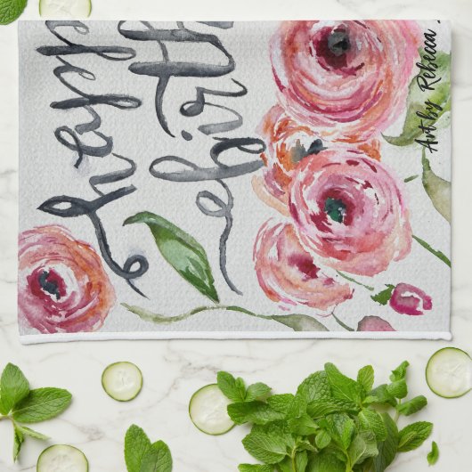 Happy Birthday Waterverf Flowers Theedoek (Gevouwen)