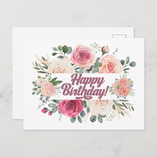 Happy Birthday Waterverf Rozen Floral Briefkaart (Voorkant / Achterkant)