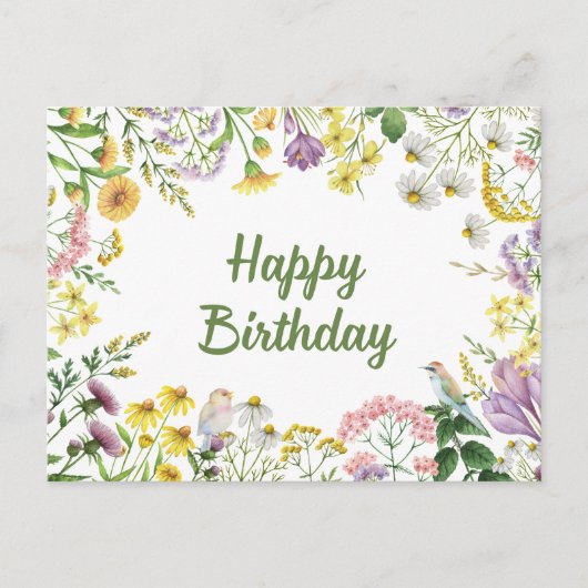 Happy Birthday Waterverf Wildbloemen en Vogels Briefkaart (Voorkant)