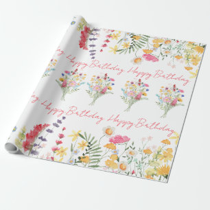 Happy Birthday Waterverf Wildbloemen kleurrijk Cadeaupapier