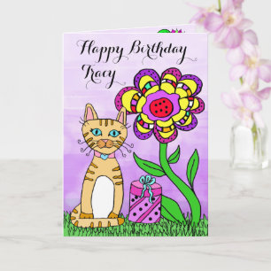 Happy Birthday Whimsical Cat and Flowers Kaart