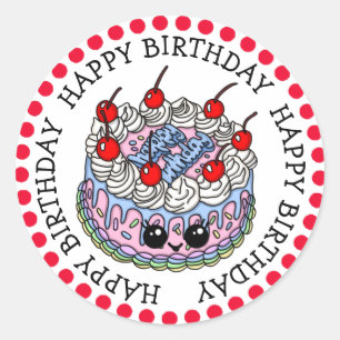 Happy Birthday Whimsical Hand draw Cake Ronde Sticker