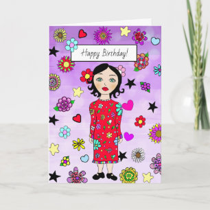 Happy Birthday Whimsical Lady met Flowers Kaart