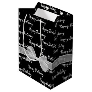 Happy Birthday White Bow op zwart Medium Cadeauzakje