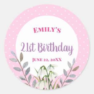 Happy Birthday White Snowdrops Pink Polka Dot Ronde Sticker