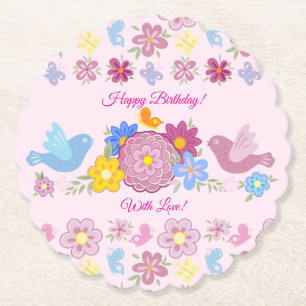 Happy Birthday Wilde Bloemen Tuin Vogels Patroon Kartonnen Onderzetters