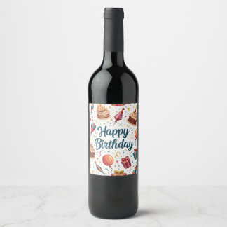 Happy Birthday Wine Bottle Label met Ballonnen en Wijn Etiket