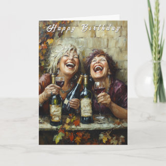 Happy Birthday Wine Bottles Funny Laughing Ladies  Kaart