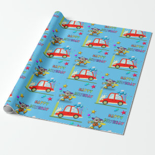 Happy Birthday Wrapping Paper Clown Car Stars Cadeaupapier