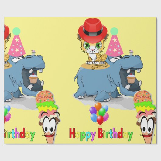 Happy Birthday Wrapping Paper Hippopotamus Kitten Cadeaupapier (Vlak)