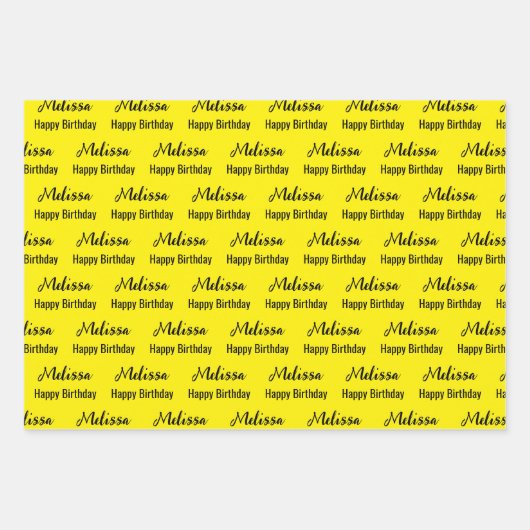 Happy Birthday Yellow and Black Name Pattern Inpakpapier Vel (Voorkant)