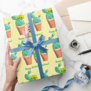 Happy Birthday Yellow Flowering Potted Cactus Cadeaupapier