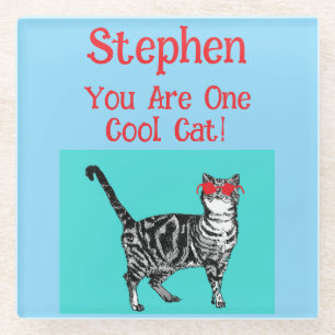 Happy Birthday You Cool Tabby Cat Mannen man Glazen Onderzetter