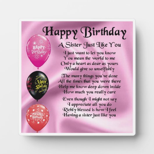 Happy Birthday Zister Poem Plaque Fotoplaat (Voorkant)