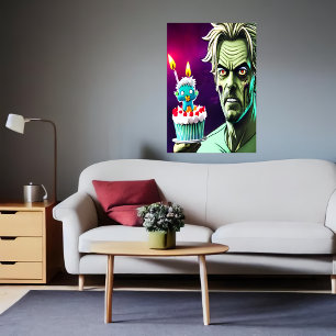Happy Birthday, zombie, cake  AI Art Poster