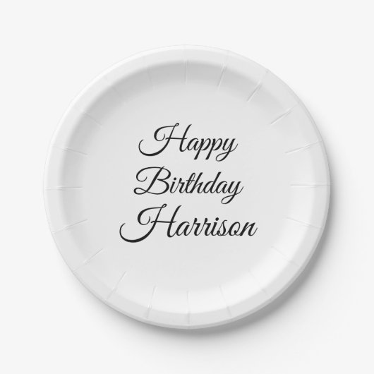 Happy Birthday zwart wit aangepaste scriptnaam Papieren Bordje (Voorkant)