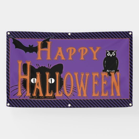 Happy Black Cat, Owl en Bat Halloween Spandoek (Horizontaal)