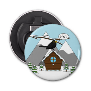 Happy Blackbird Singing in Winter Landscape Button Flesopener