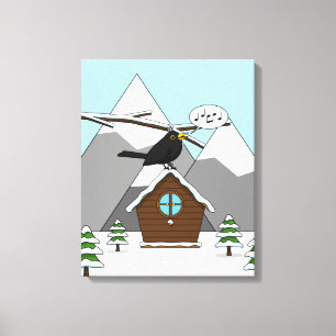 Happy Blackbird Singing in Winter Landscape Canvas Afdruk