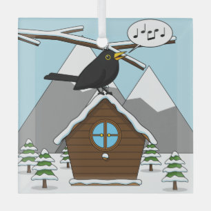 Happy Blackbird Singing in Winter Landscape Glas Ornament