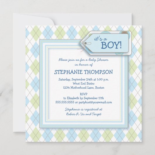 Happy Blue Argyle Boy Baby shower Uitnodiging (Voorkant)
