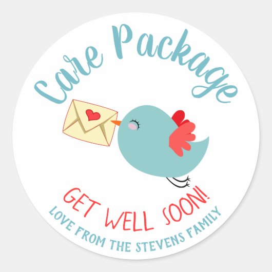 Happy Blue Bird Heart Envelope Care Package Ronde Sticker (Voorkant)