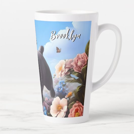 Happy Blue Franse Bulldog & Bloemen Latte Mok (Rechts)