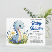 Happy Blue Funny Dinosaur Boy Baby shower Kaart (Staand voorkant)