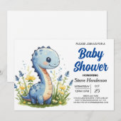 Happy Blue Funny Dinosaur Boy Baby shower Kaart (Voorkant / Achterkant)