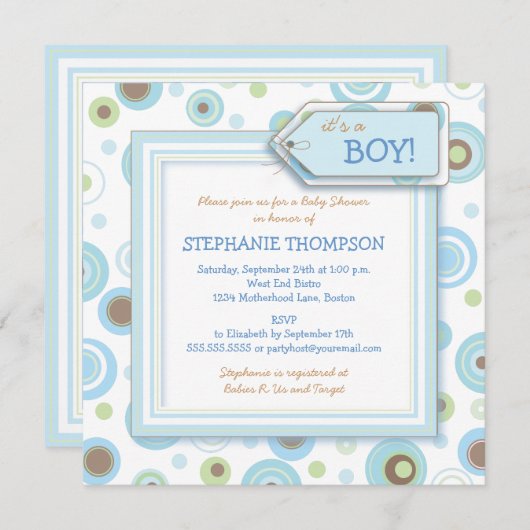Happy Blue Stippen Boy Baby shower Uitnodiging (Voorkant / Achterkant)