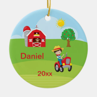 Happy Boerderij Boy Barn Tractor Animals Brown Keramisch Ornament