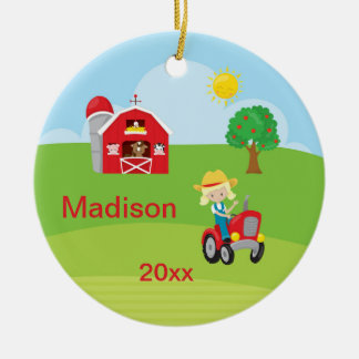 Happy Boerderij Girl Barn Tractor Animals Blonde Keramisch Ornament