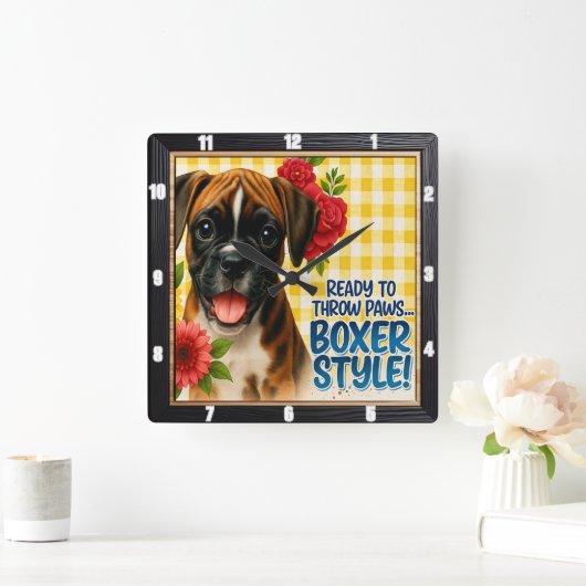 Happy Boxer Puppy Bloemen Vierkante Klok (Huis)