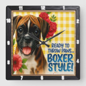 Happy Boxer Puppy Bloemen Vierkante Klok (Voorkant)