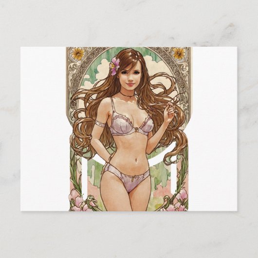 Happy Brunette V2 Mucha Style Art Feestdagenkaart (Voorkant)