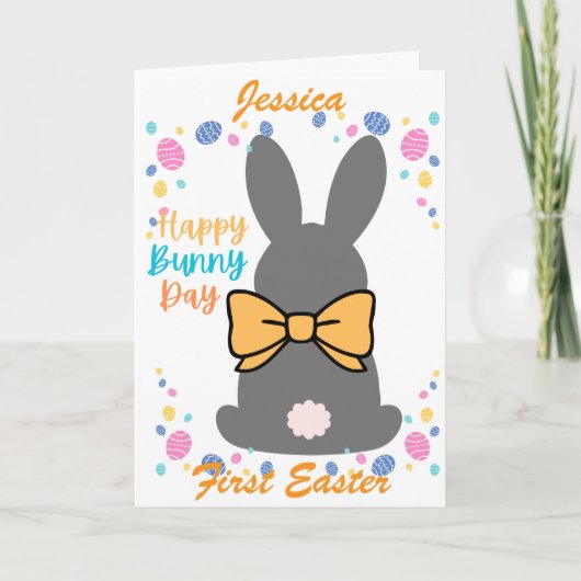 Happy bunny day personalized first easter feestdagen kaart (Voorkant)
