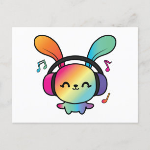 Happy Bunny met hoofdtelefoons die naar muziek lui Briefkaart
