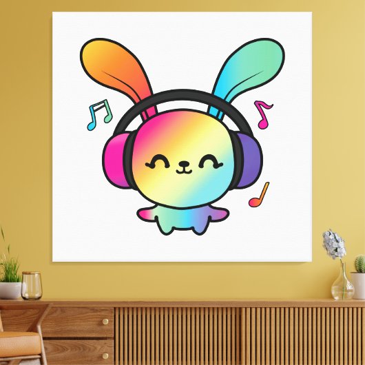 Happy Bunny met hoofdtelefoons die naar muziek lui Canvas Afdruk (Insitu (Woonkamer))
