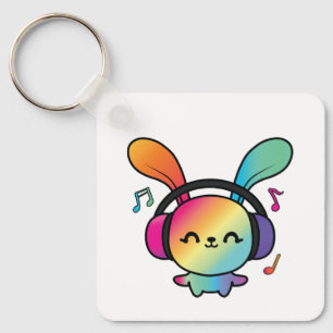Happy Bunny met hoofdtelefoons die naar muziek lui Sleutelhanger